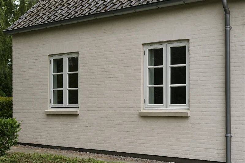 Vandskuring 1 Vandskuret murstensfacade i lys beige med hvide sprossevinduer og sort sokkel